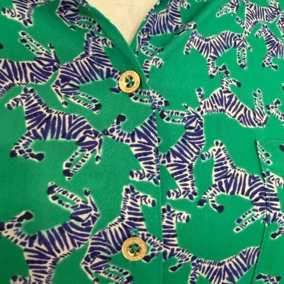 Lilly Pulitzer Green Blue Zebra Print Collared Button Down Blouse Shirt Top Sz M - Picture 5 of 9